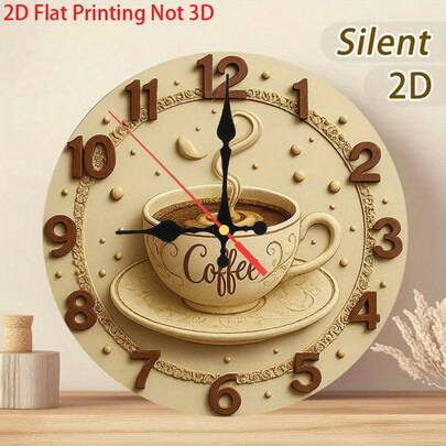 1 Piece Retro Coffee Theme Silent Non-Ticking Wall Clock - 9.84inch Large Round Artificial Wood Quartz Movement, Beige And Gold Hands, Coffee Cup And Saucer Shaped Hands, No Operation Needed, Cafe, Restaurant Decoration, 2D Flat Surface