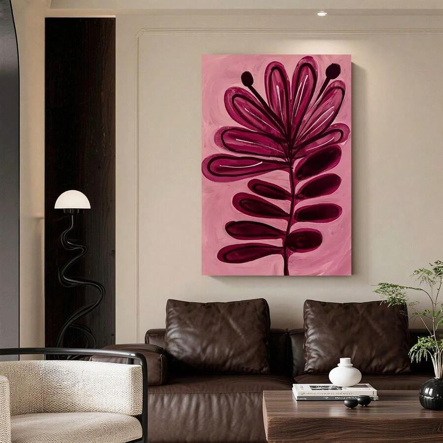 Framed Canvas Poster Print Wall Art 1pc Pink And Burgundy Abstract Wall Art - Scandinavian Modern Minimalist Vertical Flower Painting, Soft Mauve & Blush Pink Ink Print Suitable For Bedroom, Living Room Decor, Housewarming Gift, / Wrapped Frame - Framed - 查看 1