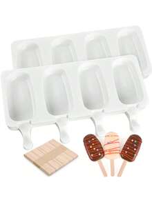 2件套冰棒模具，硅胶材质，4孔椭圆形蛋糕棒棒糖模具，配50根木棍，用于DIY冰棒，透明 - 彩色 - 查看 11