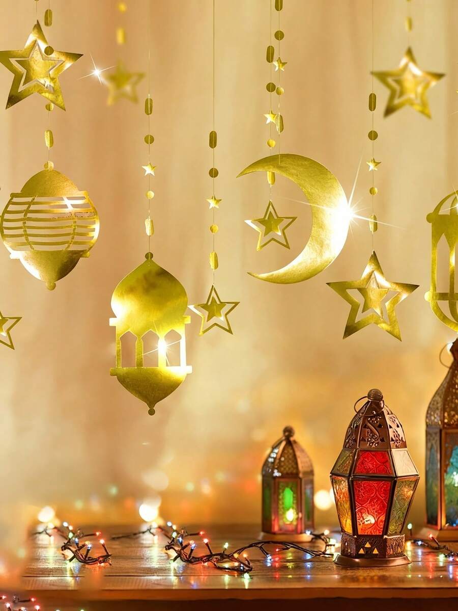 8pcs Of A Set | Gold Star Moon Lantern Garland Mawlid Moroccan Party Decoration Ramadan Streamers For Arabian Nights Ramadan Mubarak Eid Party Decor Hanging Lesser Bairam Islam Celestial Banner Pack Of 8, Home Decor, Room Decor - Multicolor - View 1
