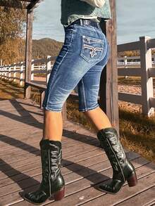 高腰弹力女式七分牛仔裤 - 西部牛仔风格，后口袋饰有刺绣 - 深色水洗藍 - 查看 8