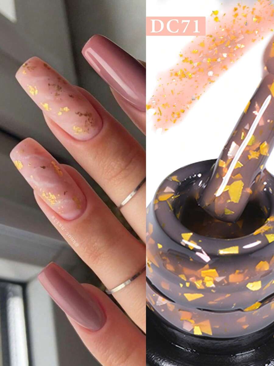 Mtssii 7毫升金色闪粉橡胶底凝胶指甲油，乳粉色闪粉片，半永久性钻石颜料闪光指甲油，自流平可卸UV LED美甲凝胶指甲油，美甲用品，DIY家用沙龙美甲礼品，女士