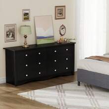 Flamaker 6 Drawer Double Dresser, Wide Wood Chest Of Drawers Storage Tower Storage For Living Room Bedroom - màu đen - Xem 2