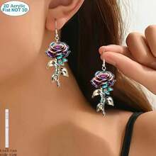 2D Flat, A Pair Of Charming Purple Rose Design Double-Sided Simulation Pattern Acrylic Earrings - A Lightweight And Battery-Free Ladies' Accessory With A Wide Range Of Choices. Perfect Holiday Party Gifts For Christmas, Valentine's Day And Thanksgiving. Fun Accessories. Smooth Surface, Unique 2D Flat Earrings - Multicolor - View 6