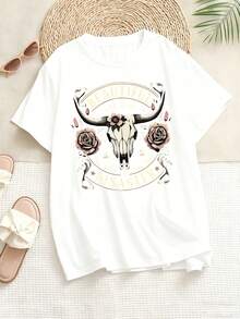 Women's T-Shirt Beautiful Disaster Bull Skull Rose Graphic Design Soft Comfortable Casual Top For St Patrick's Day Easter Carnival Festival Outfits Gift Idea - 白色 - 查看 3