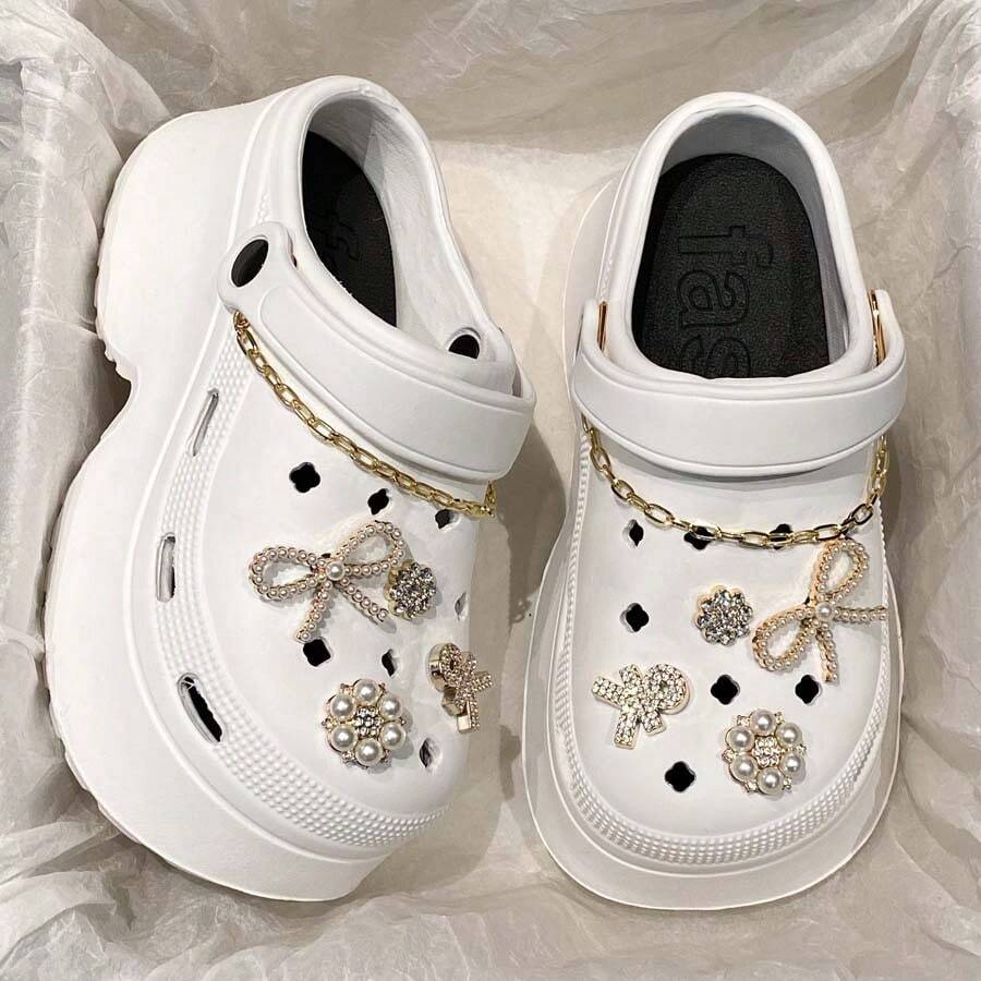 Summer New Sweet Pearl Chain Hollow Sandals, Super Thick Bottom Increase Height Women Beach Comfortable Casual Hollow Shoes - White - View 1