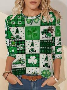 Women'S Plus Size Floral Print Long Sleeve T-Shirt - All-Over Pink & Green Floral Pattern Round Neck Blouse, St. Patrick'S Day Shamrock & Design, Machine Washable Regular Fit Casual & Semi-Formal Layering Top For Year-Round Wear - Mixed Color - 查看 3