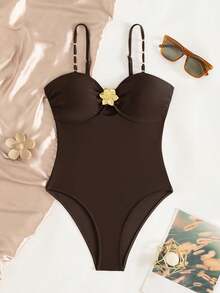 1pc Elegant Solid Color Knit Fabric Swimsuit, Suitable For Beach Vacation All Year Round Summer - Brown - View 3
