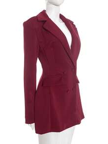 Blusas Bonitas De Mujer Elitara Vestidos Elegantes De Mujer Solid Color Deep V Blazer Dress Women's Double-Breasted Waist-Slim Fit Faux Pocket Party Gown Dresses For Women Going Out Outfits - Màu Đỏ Sâu - Xem 6