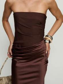 Đầm dạ hội màu trơn thanh lịch mới, xẻ tà xếp ly, dài không dây vai, thích hợp cho buổi tối, đám cưới, tiệc sinh nhật, hẹn hò mùa hè. - Cà phê nâu - Xem 4