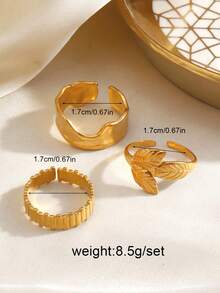 3pcs/Set Stainless Steel 18K Gold Plated Geometric Open Ring, Suitable For Women's Daily Wear - Yellow Gold - View 3