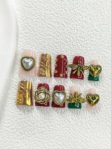 10片“秘密花园”美甲贴纸，手工美甲套装，金色珠子美甲装饰，蜜蜂、爱心、山茶花美甲装饰，深绿色、深红色和金色凝胶美甲，3种尺寸：杏仁形、鸭嘴形、棺材形美甲，包含工具包，适合女性和女孩，可用于派对、拍照、日常美甲。 - 彩色 - 查看 13