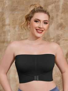 1 Piece Plus Size Women's Black Knit Wireless Sports Bra With Front Adjustable Clasp Support Strapless Bra For Workout, Yoga And Everyday Wear - 黑色 - 查看 4