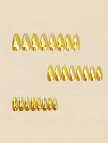24pcs Almond Shaped Long False Nails, Gold Rhombus Electroplated Fashion Minimalist Wearable Nails, Full Coverage Removable Manicure Set, Suitable For Women Party, Ball, And Daily Wear - Gold - View 2