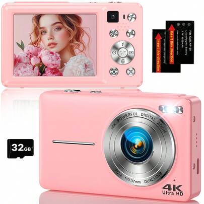 Nicamery 4K 64MP digitalkamera, attrappkamera med autofokus, dubbla kameror, blixt, 16X optisk zoom, skakfri, levereras med 32 GB minneskort och 2 batterier, bärbar vloggkamera lämplig för tonåringar och vuxna