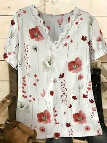 Plus Size Elegant Casual Floral Lace Ruffle Trim Blouse For Women, Spring/Summer - Red - View 2