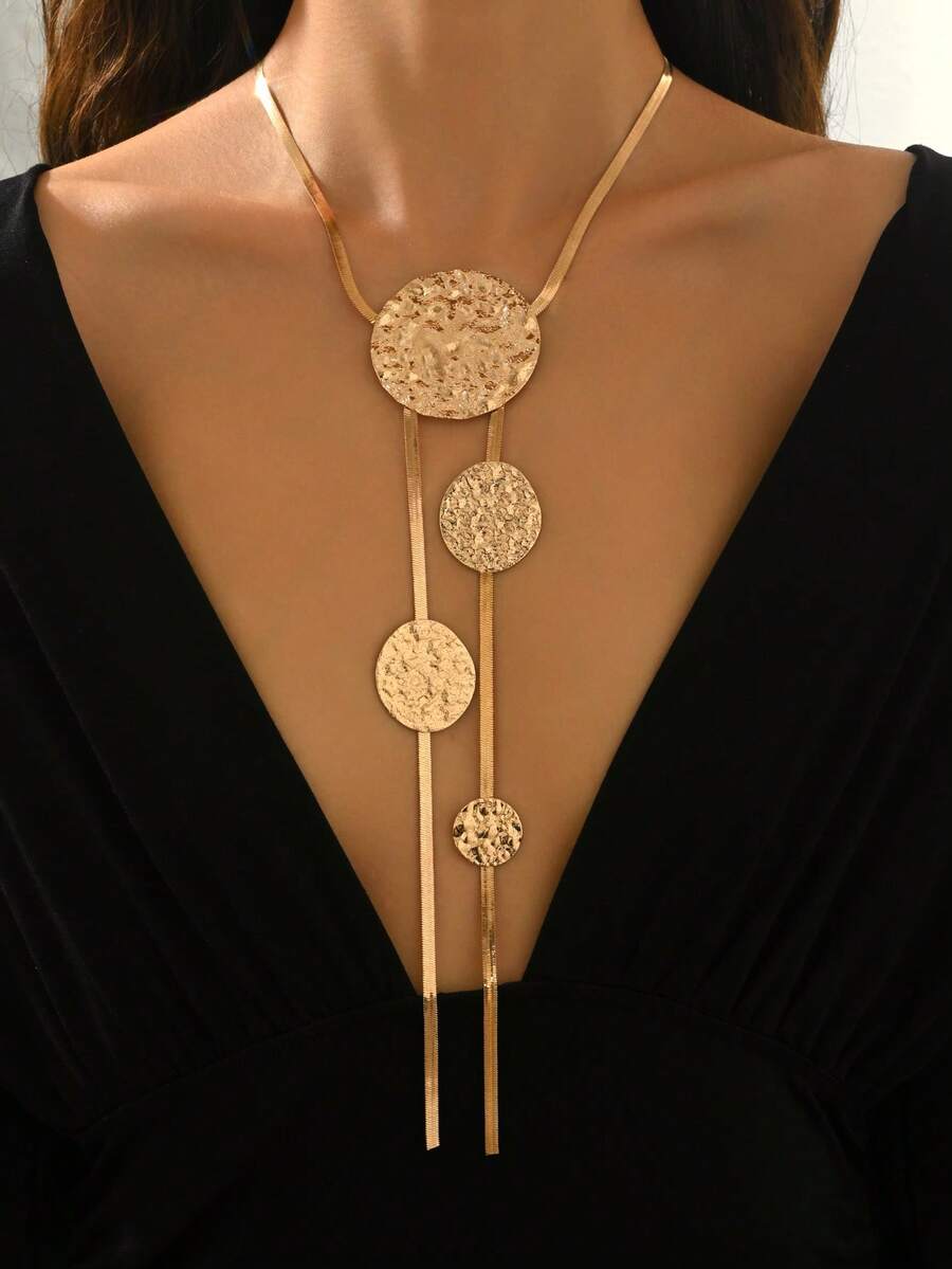 1pc New Creative Asymmetrical Geometric Circle Middle Eastern Europe Exaggerated Long Y-Shaped Necklace, Suitable For Party And Outfit