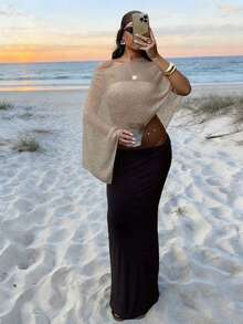 Women's New Style One-Shoulder Semi-Sheer Sleeveless Asymmetrical Knit Pullover, Fashionable Casual Sexy Vacation Beach Party Sweater, Spring And Summer - Apricot - View 4