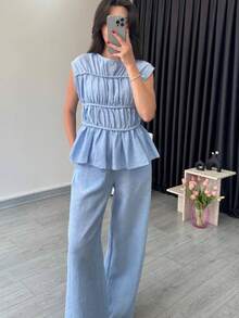 Yuyi 服装蓝色纹理面料褶皱松紧腰两件套，休闲办公街头日常夏季穿搭 - 藍色 - 查看 4