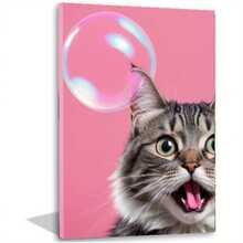1pc Playful Cat Blowing Bubbles Canvas Wall Art - 12x16 Inch, Vibrant Pink Background With Lively Cat Print, Modern Cartoon Animal Decor For Cat Lovers, Nursery, Bathroom, Kitchen, Office & Home | - Nhiều màu - Xem 1