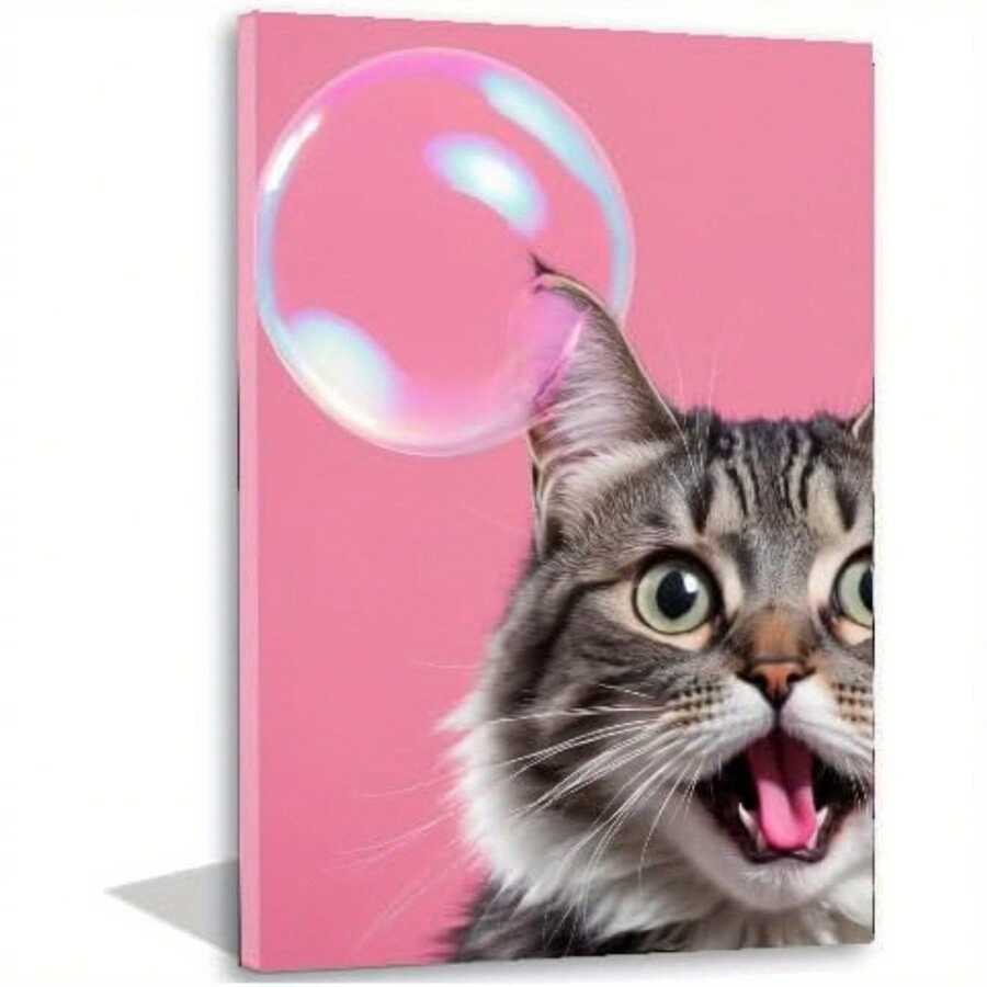 1pc Playful Cat Blowing Bubbles Canvas Wall Art - 12x16 Inch, Vibrant Pink Background With Lively Cat Print, Modern Cartoon Animal Decor For Cat Lovers, Nursery, Bathroom, Kitchen, Office & Home | - Nhiều màu - Xem 1