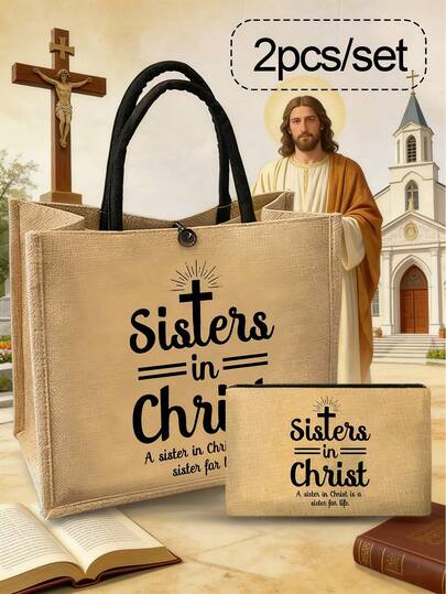 Simple Handbag&Makeup Bag With "Jesus" Cross Colored Print, Mesh Bag Two Pieces Set, Storage Bag, Washing Bag, Suitable For Women's Cosmetics Storage, University Dormitory Cosmetics Storage, Women's Travel, Gift Bag, Colorful Letter Printed Fun Makeup Bag,Christian Themed Tote Bag And Makeup Pouch Set, Tie Up - Perfect For Holidays: Valentine's Day, Wedding, Birthday, Christmas, Thanksgiving