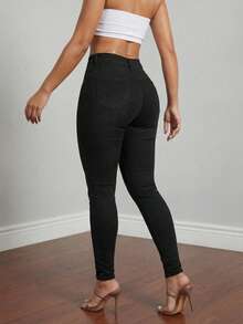Women's High Waisted Solid Black Skinny Jeans - Basic Slim Fit Bodycon Denim Pants Soho Minimalist Essentials - 黑色 - 查看 2