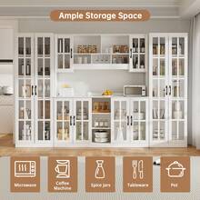 VOWNER 3Pcs Kitchen Hutch Storage Cabinet Set With Open Countertop,12 Grid Glass Doors Pantry Cabinet With Adjustable Shelves For Organizing Essentials,Dining Room - 白色 - 查看 2
