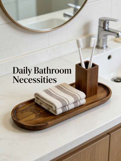 Laser Moon Wood Grain Decorative Tray - Bathroom Tray, Bathroom Storage Items, Bathtub Tray, Mirror Tray, Wooden Tray, Bathroom Accessories, Home Decoration, Makeup Room Decoration, Laser Display Tray, Suitable For Placing Candles, Perfumes, Soaps, Toiletries, Nordic Style Home Decorations, Ramadan Festival Gifts.