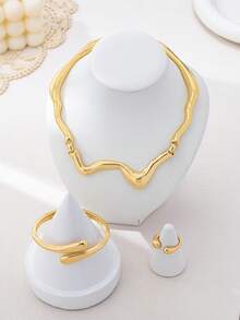 Bộ trang sức thời trang cá nhân hóa theo phong cách Âu & Mỹ, gồm bông tai, vòng tay và dây chuyền lượn sóng hình giọt nước bất đối xứng, chất liệu đá dung nham lỏng, thích hợp cho phụ nữ đeo hàng ngày, làm quà tặng ngày lễ, hoặc dự tiệc bãi biển. - Vàng - Xem 4