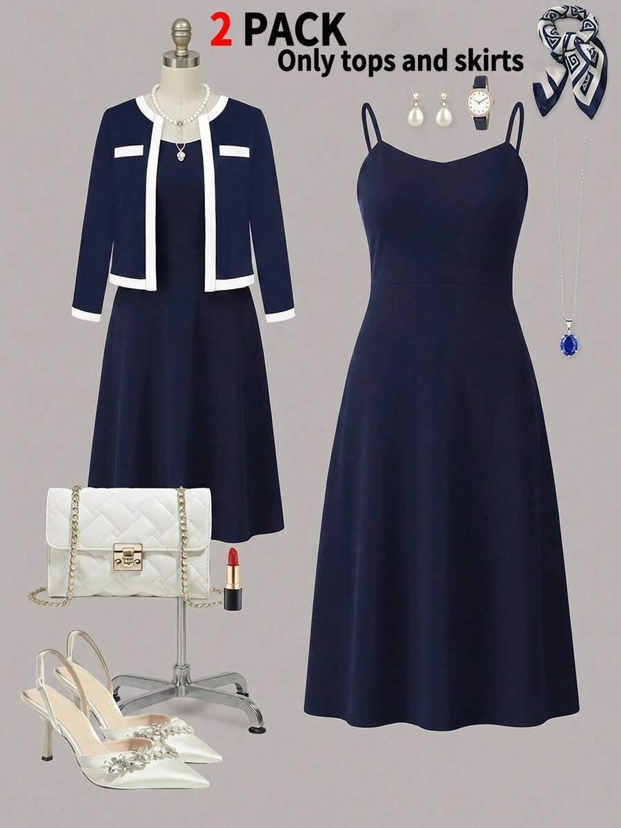 Plus Size Women's Navy Blue Elegant Dress Set, Fashionable Casual Long Sleeve Cardigan Jacket Paired With Slimming Waist Dress, Two Pieces Outfit, Suitable For Work, Dating, Everyday Wear, Spring/Summer/Autumn - Navy Blue - View 1