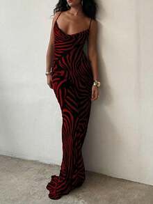 Plus Size Sexy & Elegant Deep V-Neck Fitted Zebra Print Maxi Dress, Showcasing Feminine Charm, Suitable For Vacation And Everyday Wear Party Summer - Red - View 3