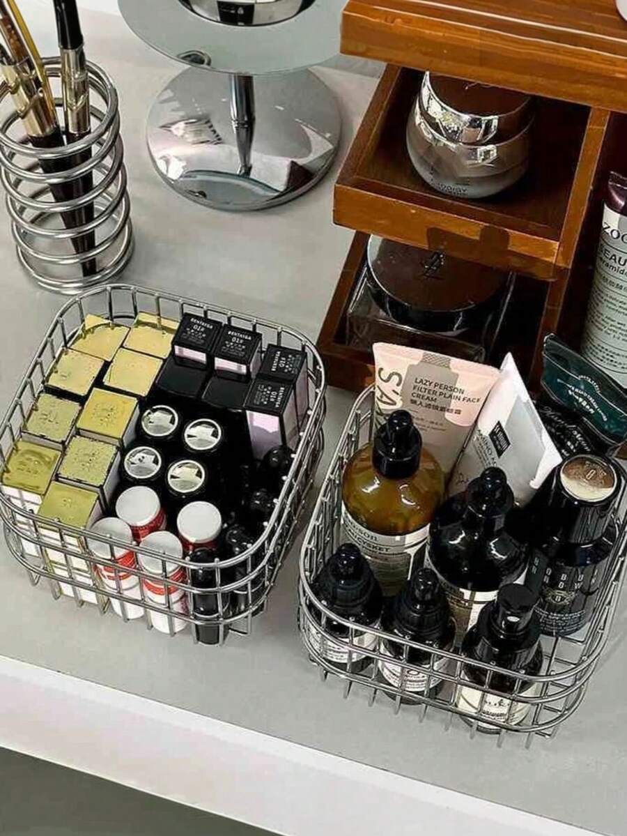 2pcs/1pc Stainless Steel Coffee Storage Basket, Multipurpose Metal Organizer Basket For Coffee, Office Desk, Kitchen, Bar, Bathroom, Home Decor - Silver - View 1