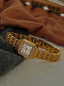 1pc New Rhinestone Zirconia Inlaid Gold Square Dial Ladies Waterproof Watch, Elegant Minimalist Casual Style Roman Numeral Dial, Decor Quartz Watch Suitable For Daily Life And Attending Gatherings - Gold - View 3