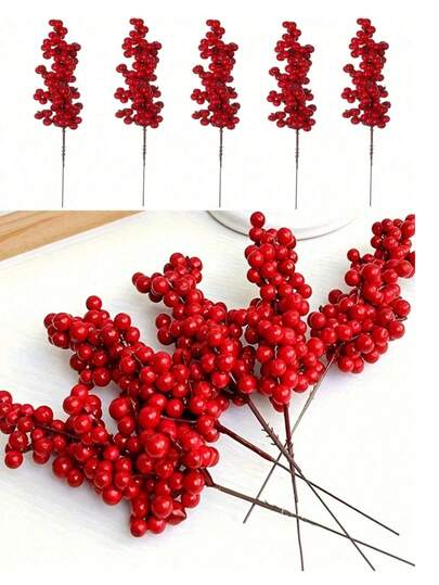 10 piezas/5 piezas/1 pieza - Ramas artificiales de bayas rojas, con flores de espino, ramas de bayas rojas, flores artificiales de espino de invierno para decoración del árbol de Navidad, manualidades de bricolaje para fiestas, decoraciones navideñas, decoración del hogar para bodas, decoraciones festivas, arreglos florales de seda, ramos de flores, coronas de flores de bricolaje, decoración del hogar para fiestas de Navidad
