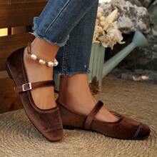 法式拼接平底玛丽珍鞋，系带设计，仿珍珠和天鹅绒材质，百搭时尚，夏季新品 - 咖啡色 - 查看 4