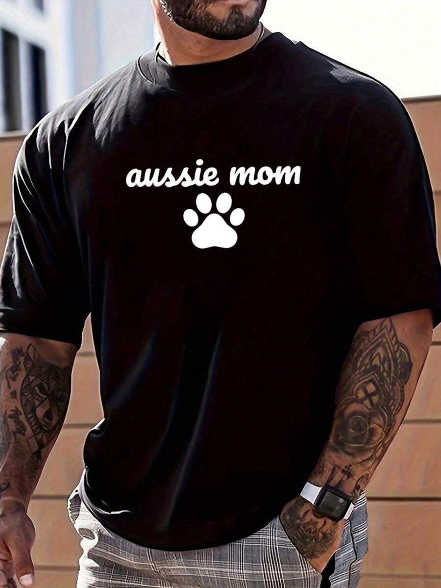 Aussie Mom Printed Casual Top Cute Paw Pattern Daily Wear,Soft & Lightweight Skin-Friendly T Shirt For Men,100 Percent Cotton Graphic T Shirts,Ustralia T Shirt,Valentine's Day,Australia Day,Streetwear - Black - View 1