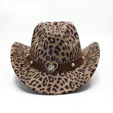 Mũ cao bồi miền Tây in họa tiết da báo, làm từ chất liệu nỉ, có dải trang trí hình trái tim có thể tháo rời, thiết kế in ấn, phù hợp để đội hàng ngày và trong các dịp Halloween - Giáng sinh. - da báo - Xem 1