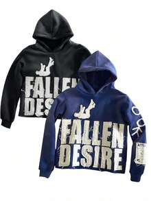 FALLEN DESIRE Graphic Hoodie Men Women Casual Embroidered Letter Sweatshirt Autumn And Winter Couple's Top Y2k Hoodie Tracksuit Pullover Sweatshirt - 黑色 - 查看 5
