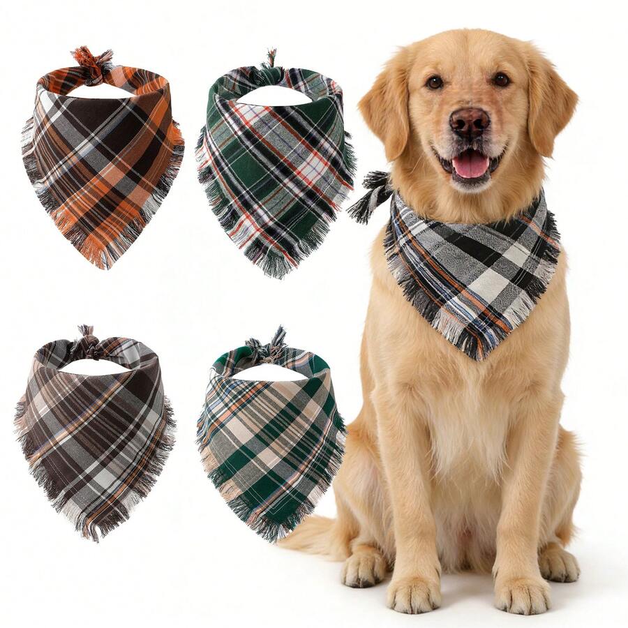 وشاح مثلث للكلاب بتصميم مربعات مع أطراف شرابات، إكسسوارات أزياء للكلاب المتوسطة والكبيرة، لموسم عيد الميلاد والشكر - متعدد الألوان - مشاهدة 1