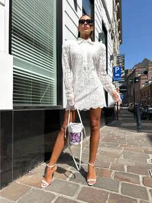 Lace Dress High-End Temperament Autumn And Winter New Long-Sleeved Jacquard Fashion Sexy Women's Dress - 白色 - 查看 2