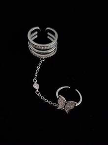 1pc Fashionable Elegant Butterfly Tassel Rhinestone Chain Knuckle Ring, Suitable For Women's Daily Wear, Party And Banquet