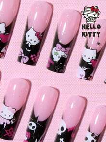 Sanrio 萬聖節 Evil Hello Kitty 24片中號方型 3D 凝膠亮片法式穿戴短甲，含 Hello Kitty、Kuromi、星星、蝴蝶結與幽靈裝飾，亮片設計，完美貼合的壓克力假指甲套組，含 1 片果凍膠與 1 個指甲锉 - 彩色 - 查看 3