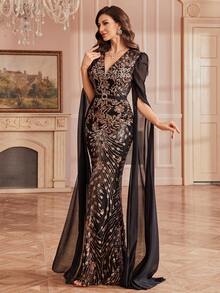 Women's Elegant Woven Floral Sequin Dress Wedding Black Spring - Black - View 4