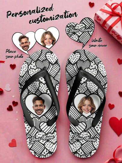 Valentine's Unisex Custom Face And Name Flip Flops, Indoor Outdoor Personalized Couple's Slippers, Cute Custom Comfy Sandals For Men And Women, Heart And Love Theme, Unique Valentine Gift For Mom/Dad/Her/Him/Girlfriend/Boyfriend/Wife/Husband/Friend