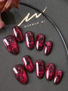 10片装亚克力美甲贴片，杏仁形、黑色、玫瑰粉色、猫眼形，短款亚克力美甲套装，美甲艺术，办公室日常佩戴假指甲，人造指甲套装，包含1张粘合贴片和1个迷你指甲锉。 - 彩色 - 查看 3