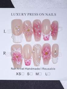 10片棺材形长款奢华浪漫3D立体花卉手工按压式美甲贴片，粉色渐变珍珠蝴蝶吊坠法式风格假指甲，可重复使用，适用于婚礼和派对美甲，美甲用品 - 粉色 - 查看 12