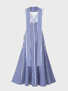 优雅简约浪漫条纹无袖连衣裙，飘逸裙摆，适合日常穿着、派对、海滩度假，是女士夏季的理想之选。 - 藍色 - 查看 6