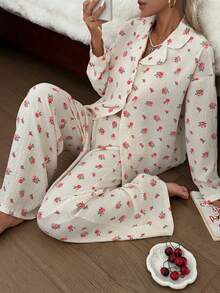 Nina Bonheur 2pcs Women Loose Comfortable Breathable Long Sleeve Top + Long Pants Pajama Set, Cute Homewear - Beige - View 3