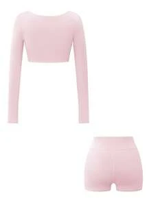 Bộ đồ thể thao nữ mùa thu, cổ vuông, tay dài, siêu ngắn, ôm sát, thích hợp cho thể thao, ở nhà và tập thể dục. - Hồng - Xem 4